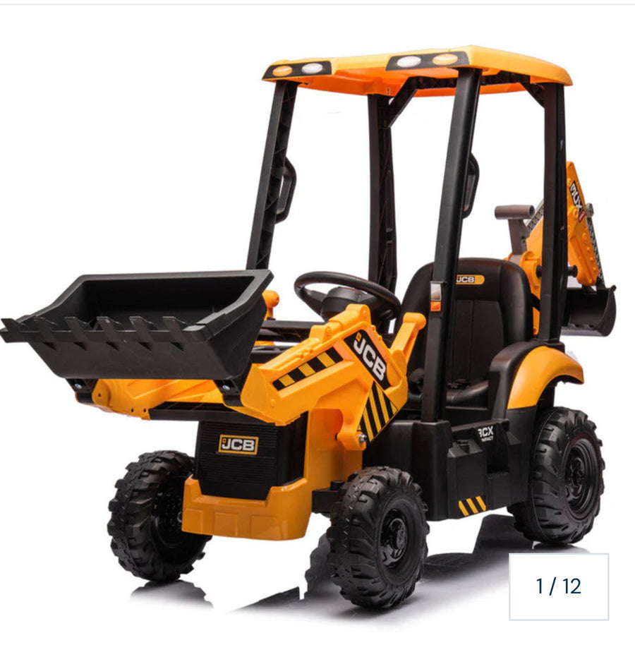 JCB 12 V Licensed Electric Ride-On Tractor with Loader & Backhoe – Yellow Construction Edition (by Onyx Kids)