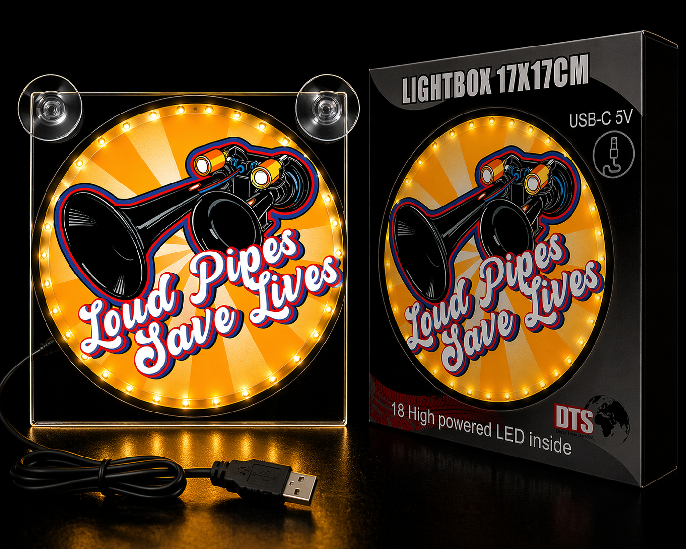 Lightbox Deluxe Loud Pipes Save Lives Orange LED – USB 17x17cm