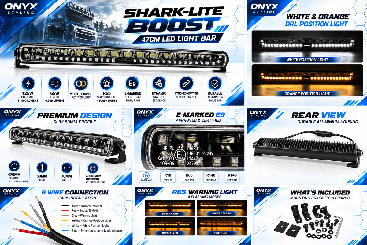 SHARK-LITE BOOST 47cm LED Light Bar – 125W | 11,000 Lumens | White/Orange DRL | R65 E-Marked