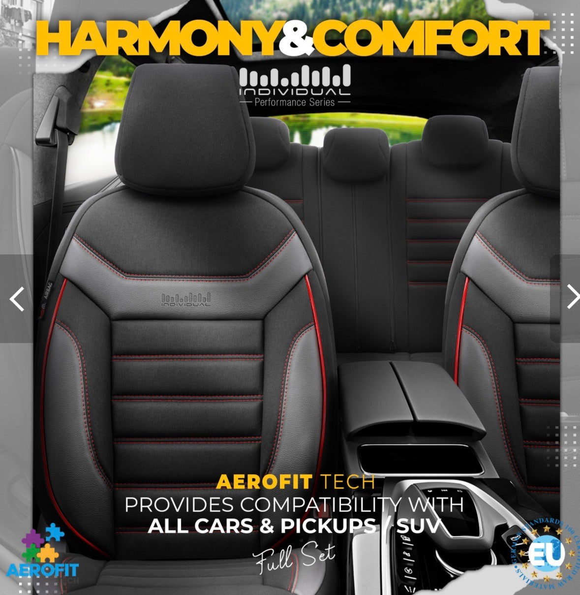 Premium Universal Seat Covers – Full Set Front & Rear – 7-Layer Comfort – Airbag Compatible black with red stitch