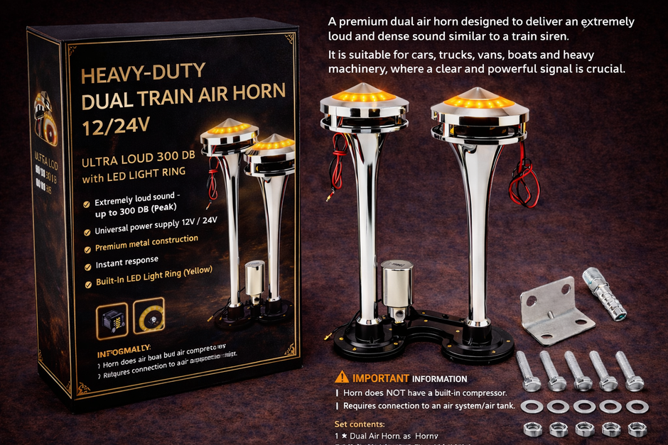 Premium Dual LED Air Horn 12V/24V Chrome Train Style – Ultra Loud 300dB