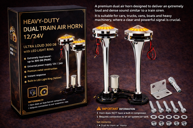 Premium Dual LED Air Horn 12V/24V Chrome Train Style – Ultra Loud 300dB