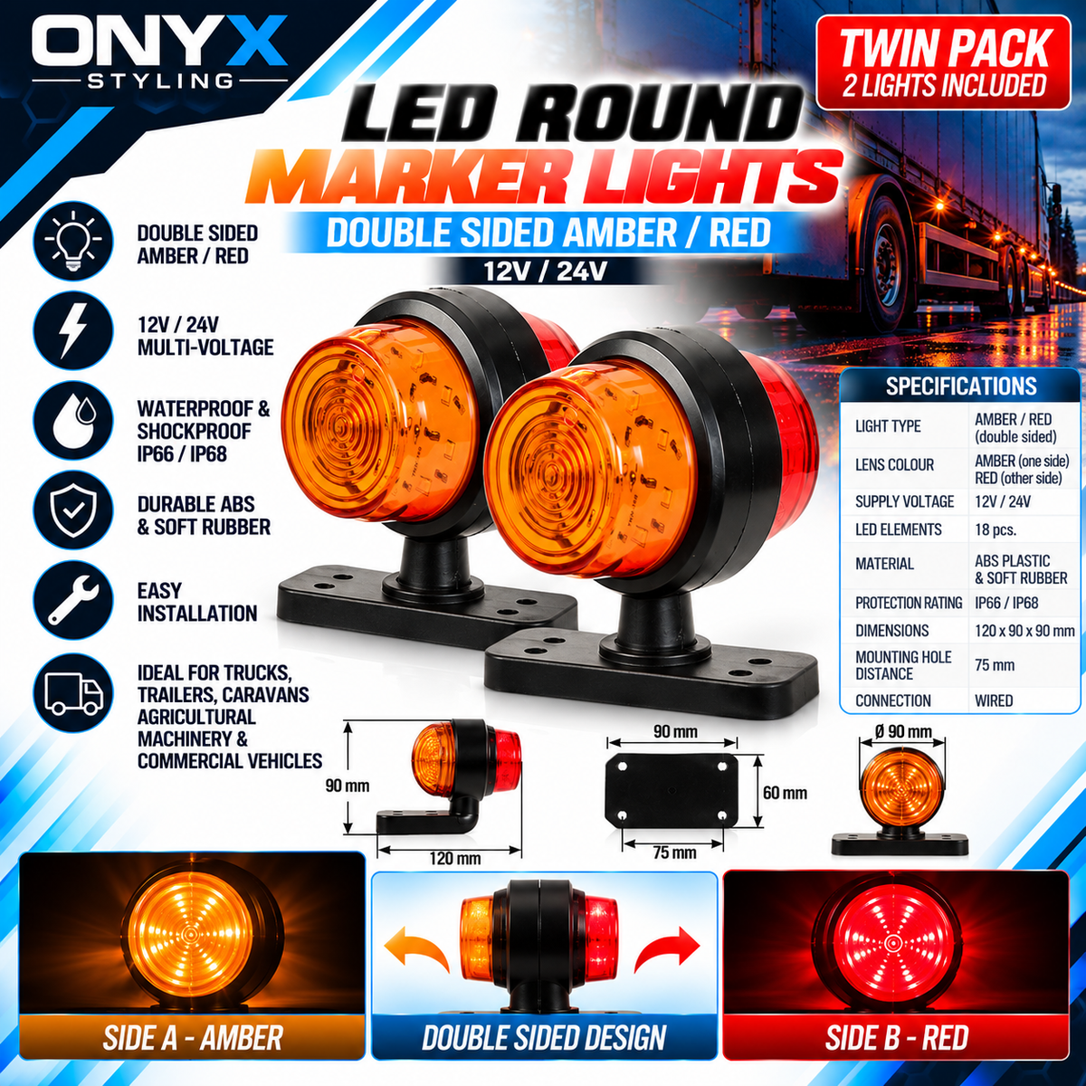 LED Round Double-Sided Marker Lights – Amber / Red – 12V/24V (Twin Pack)