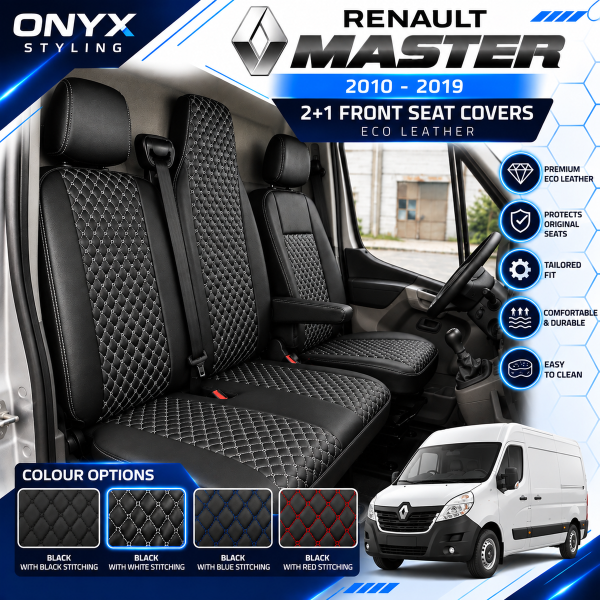 Renault Master III (2010–2019) Luxury Quilted Eco-Leather Seat Covers – 2+1 Front Seat Set
