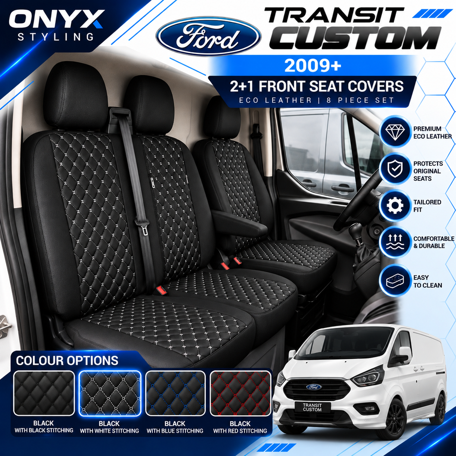 Ford Transit Custom (2012+) Luxury Quilted Eco-Leather Seat Covers – 2+1 Front Seats | 8-Piece Set