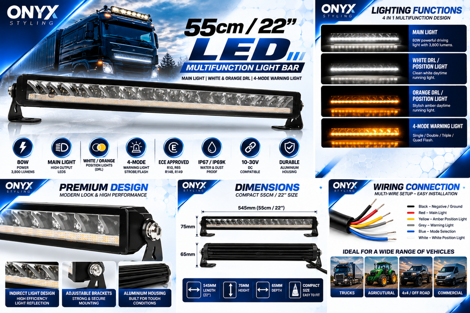 55cm 80W Multifunction LED Light Bar – 3,800 Lumens | White/Amber DRL | R65 Warning Light | 12V/24V