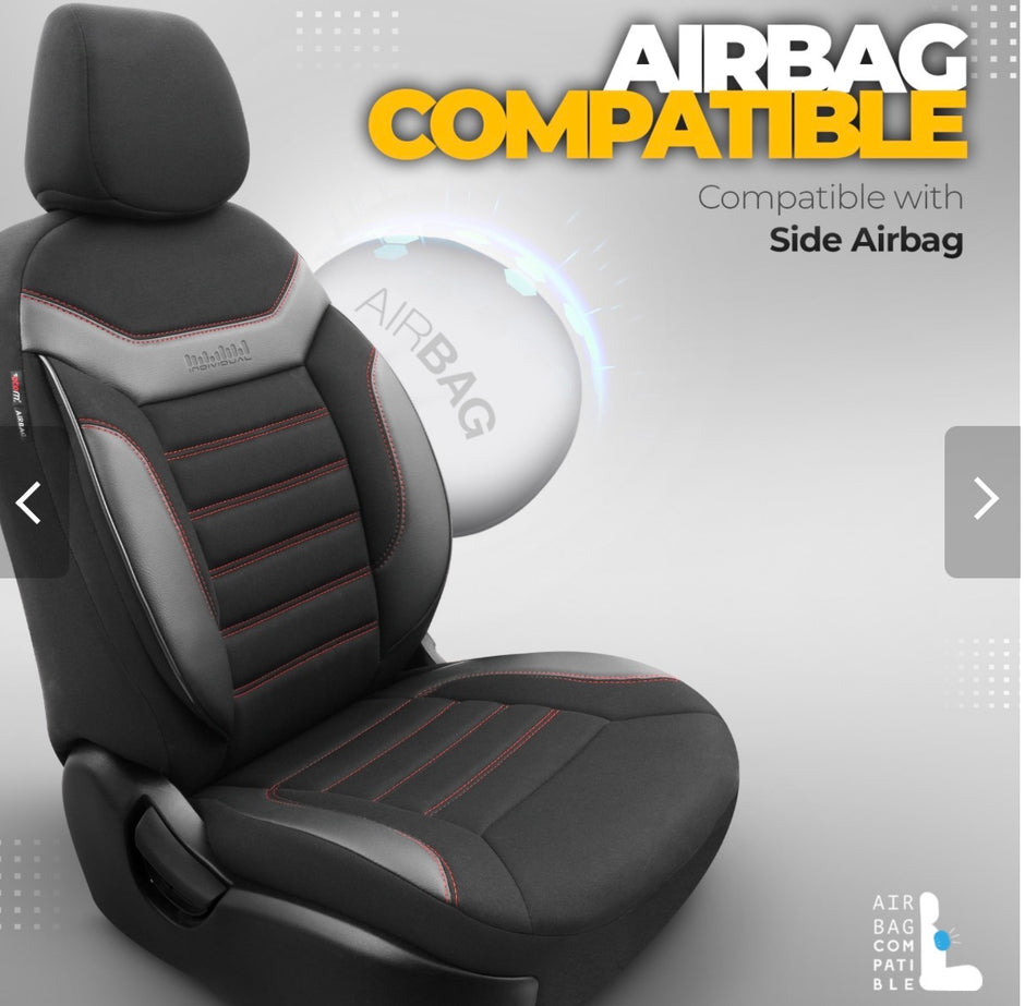 Premium Universal Seat Covers – Full Set Front & Rear – 7-Layer Comfort – Airbag Compatible black with red stitch