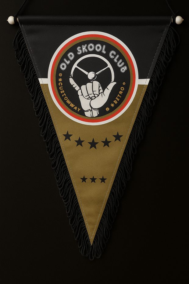 Old Skool Club Pennant – Retro Truck Banner 23x29cm with Black Fringes