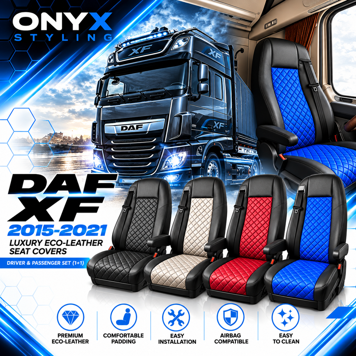 DAF XF (2015–2021) Luxury Eco-Leather Seat Covers – Driver & Passenger Set