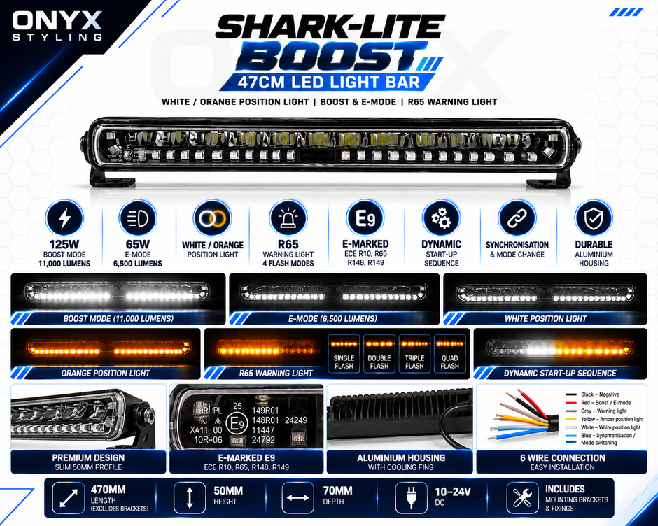 SHARK-LITE BOOST 47cm LED Light Bar – 125W | 11,000 Lumens | White/Orange DRL | R65 E-Marked