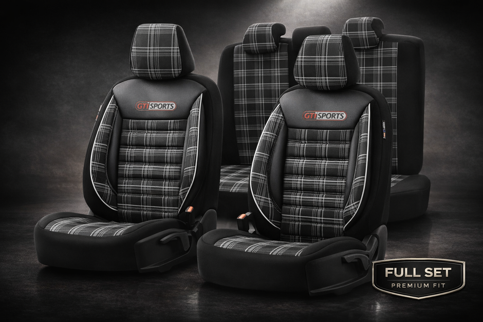 Premium Universal Car Seat Covers Full Set Black & White Seam – GTI Style, 7-Layer Comfort, Airbag Compatible, Cars & SUVs