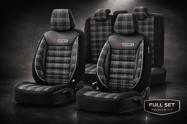 Premium Universal Car Seat Covers Full Set Black & White Seam – GTI Style, 7-Layer Comfort, Airbag Compatible, Cars & SUVs