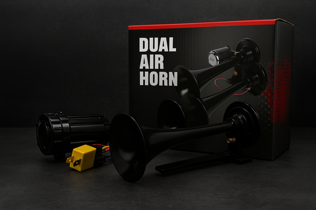 Dual Air Horn Kit 12V with Compressor, Relay, Tubes & Fittings – Super Loud Twin Trumpet Horn