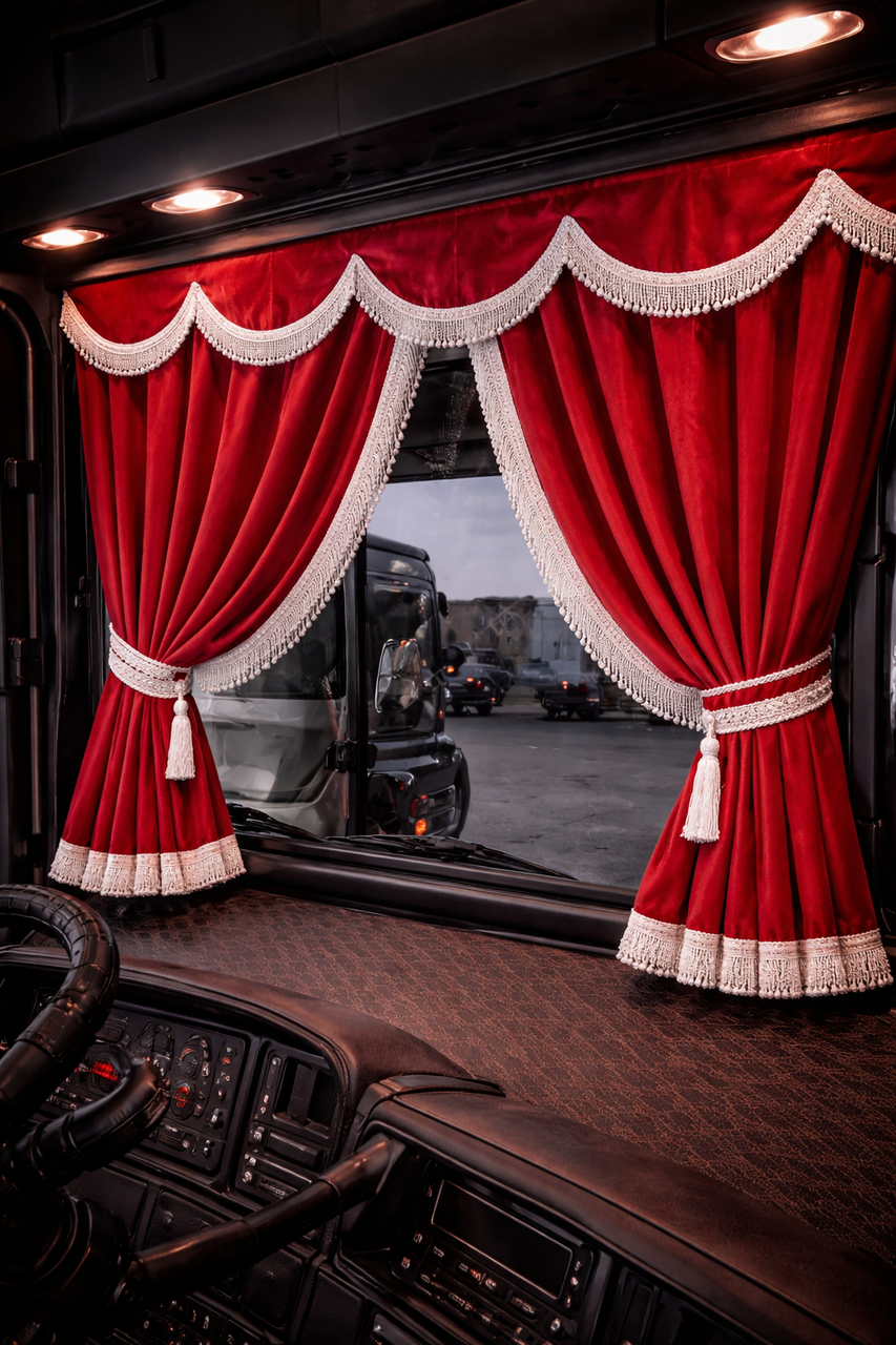 Custom Universal Side curtain ALCANTARA set new RED (Maroon)  with 8cm white fringes & Pelmet