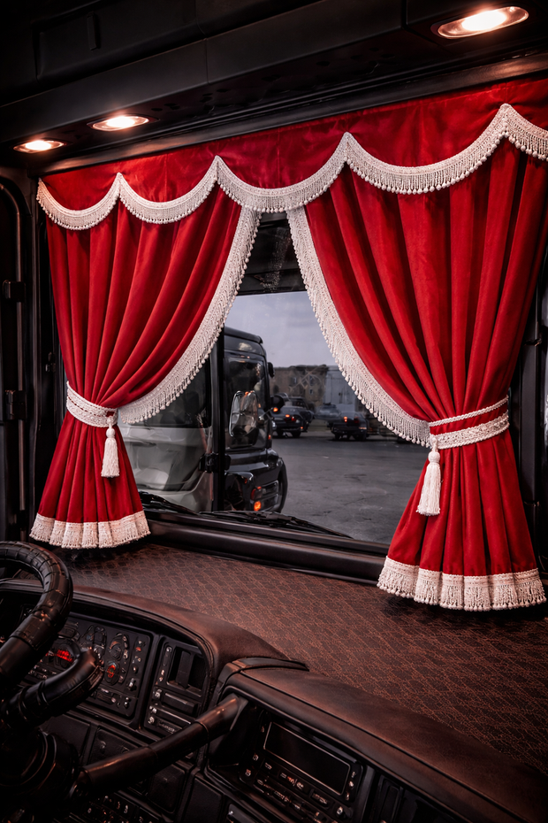 Custom Universal Side curtain ALCANTARA set new RED (Maroon)  with 8cm white fringes & Pelmet