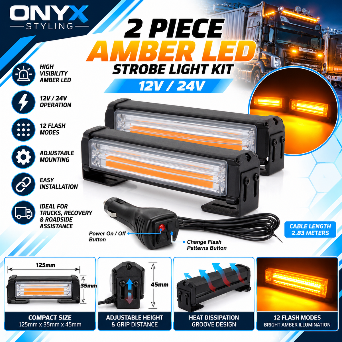 12V/24V Amber LED Emergency Strobe Lights – 2 Piece Kit with Controller | 12 Flash Modes