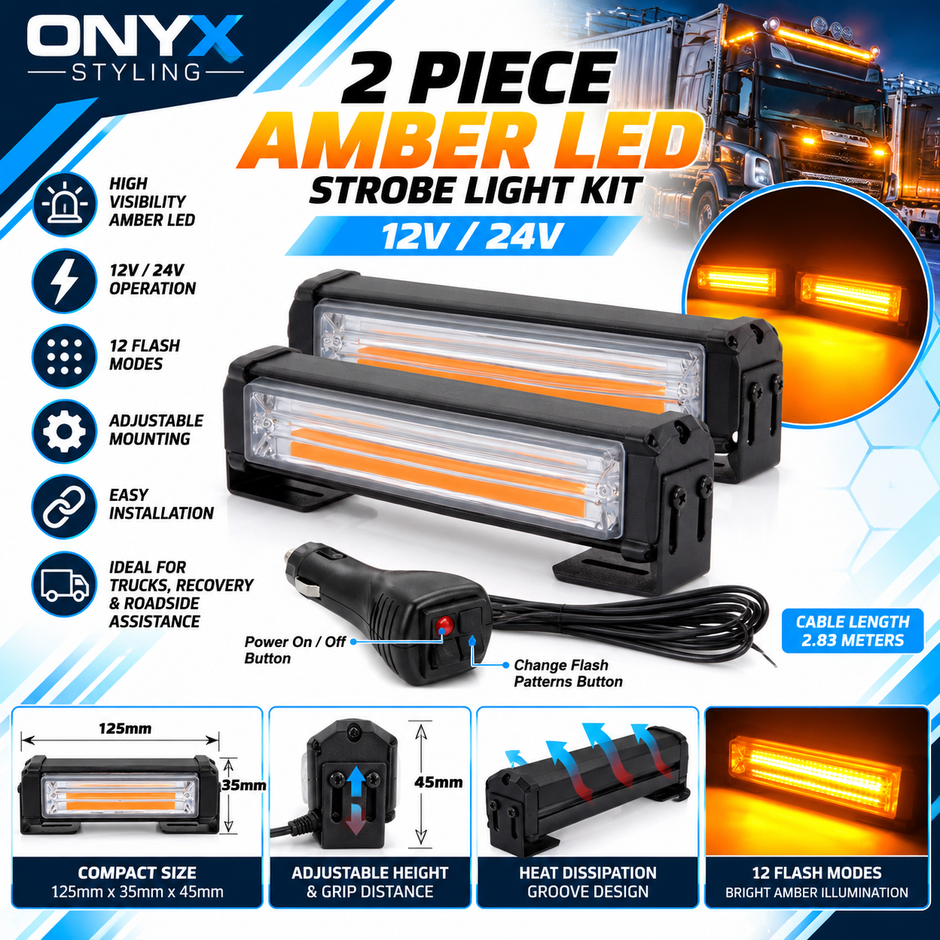 12V/24V Amber LED Emergency Strobe Lights – 2 Piece Kit with Controller | 12 Flash Modes