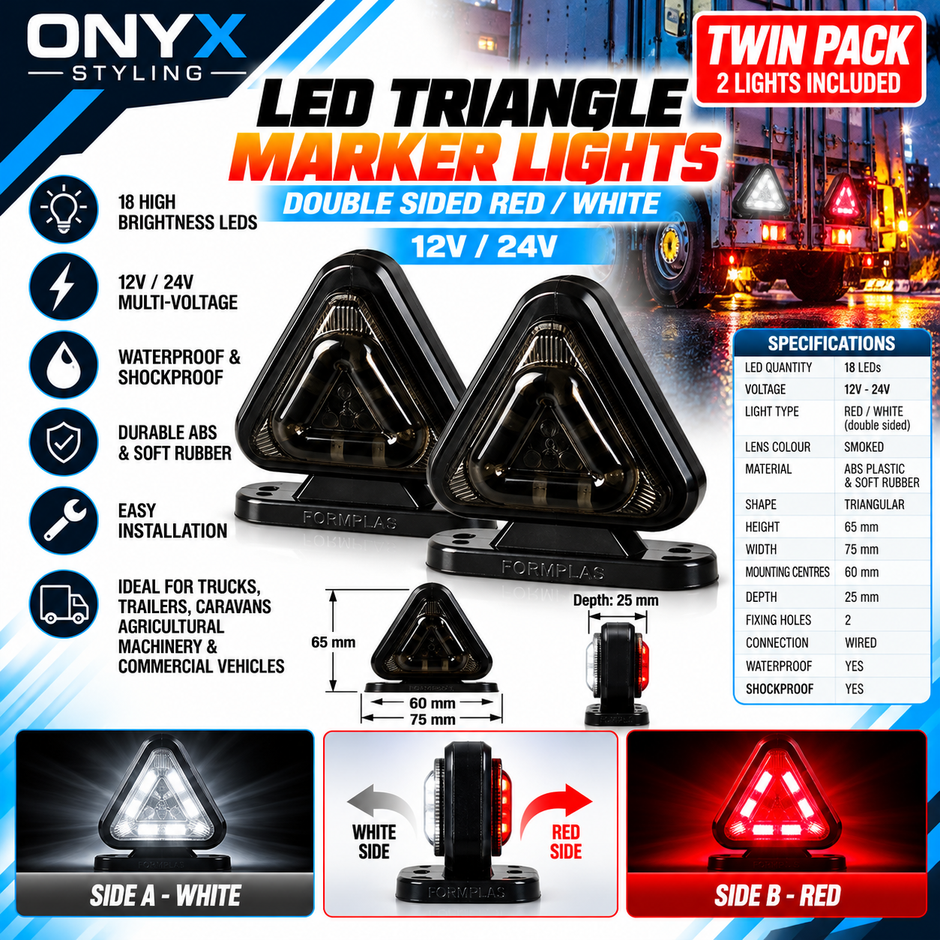LED Triangle Marker Lights – Red & White Double-Sided Smoked Lens | 12V–24V | Twin Pack