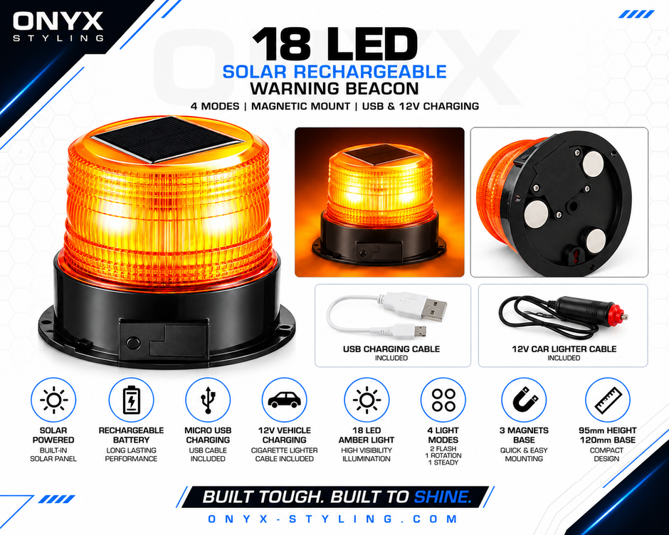 18 LED Solar Rechargeable Amber Warning Beacon – 4 Flash Modes | Magnetic Mount | 12V