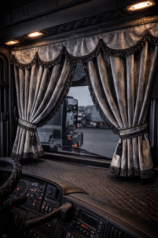 Custom Universal Side curtain ALCANTARA set new GREY with 8cm black fringes & Pelmet