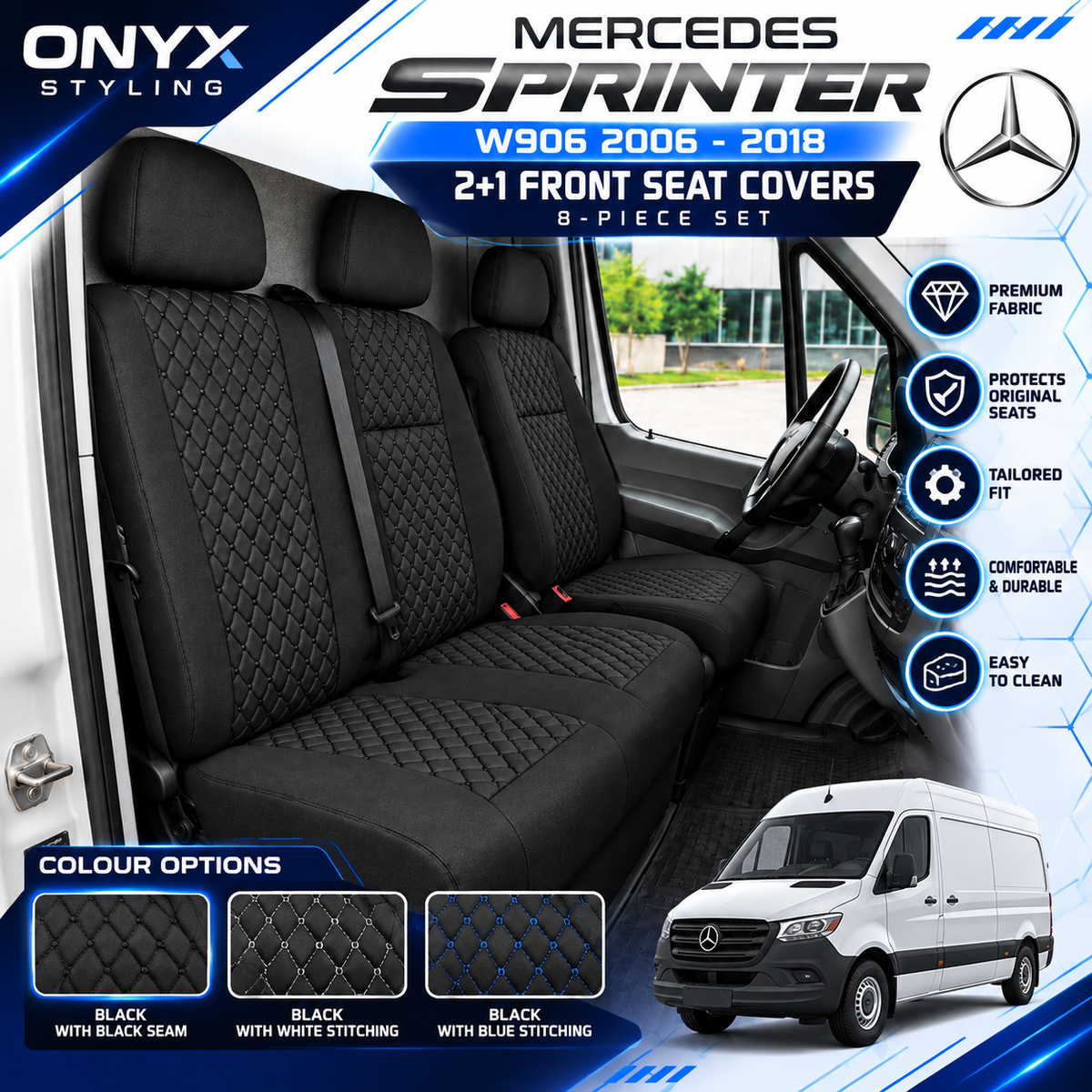 Mercedes Sprinter W906 (2006–2018) Luxury Quilted Fabric Seat Covers – 2+1 Front Seats | 8-Piece Set