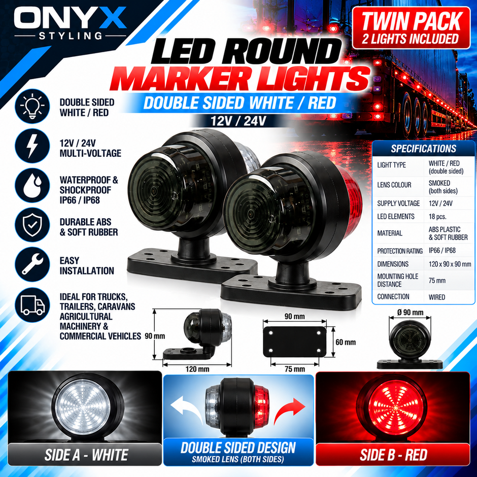 Smoked Double-Sided Round LED Marker Lights – White/Red – 12V/24V (Twin Pack)