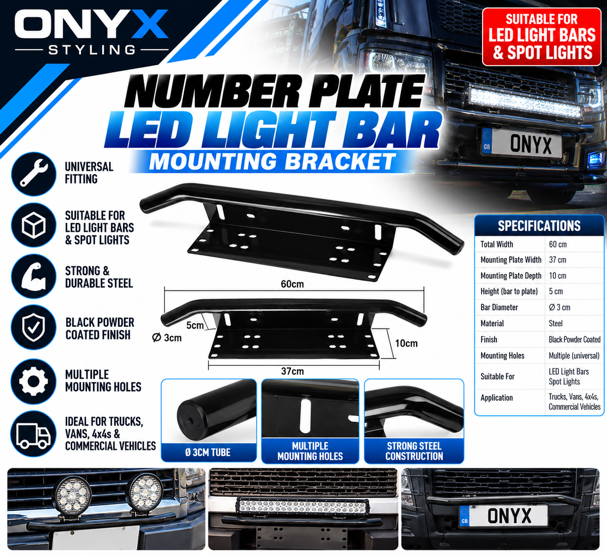 Universal Number Plate LED Light Bar Mounting Bracket – Black | 60cm