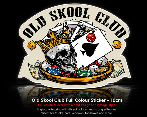 Old Skool Club Skull & Cards Full Colour Sticker – 10cm