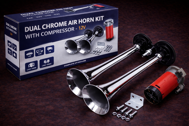 Dual Chrome Thromba Air Horn Kit with Compressor 12V – 150dB Twin Trumpet