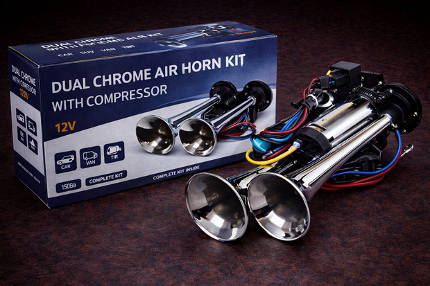 Dual Chrome Thromba Air Horn with Built-In Compressor 12V – 125dB Compact Twin Horn Kit