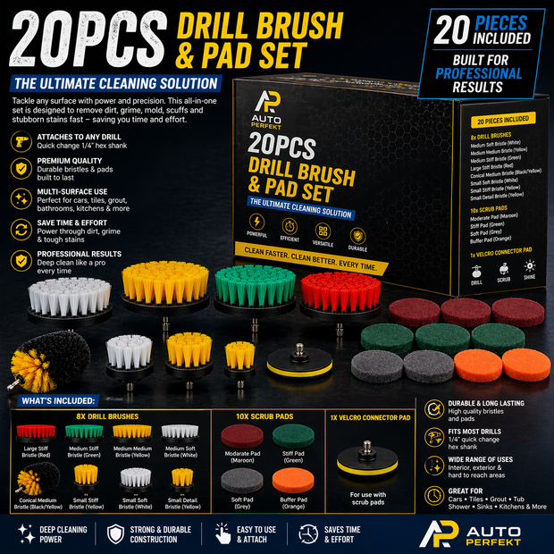 20PC Drill Brush & Pad Cleaning Kit – Power Scrubbing Set