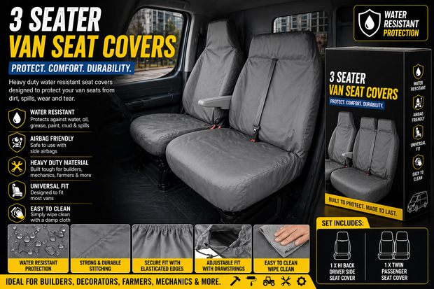 3 Seater Van Seat Covers – Grey Waterproof Heavy Duty Protectors (Universal Fit)