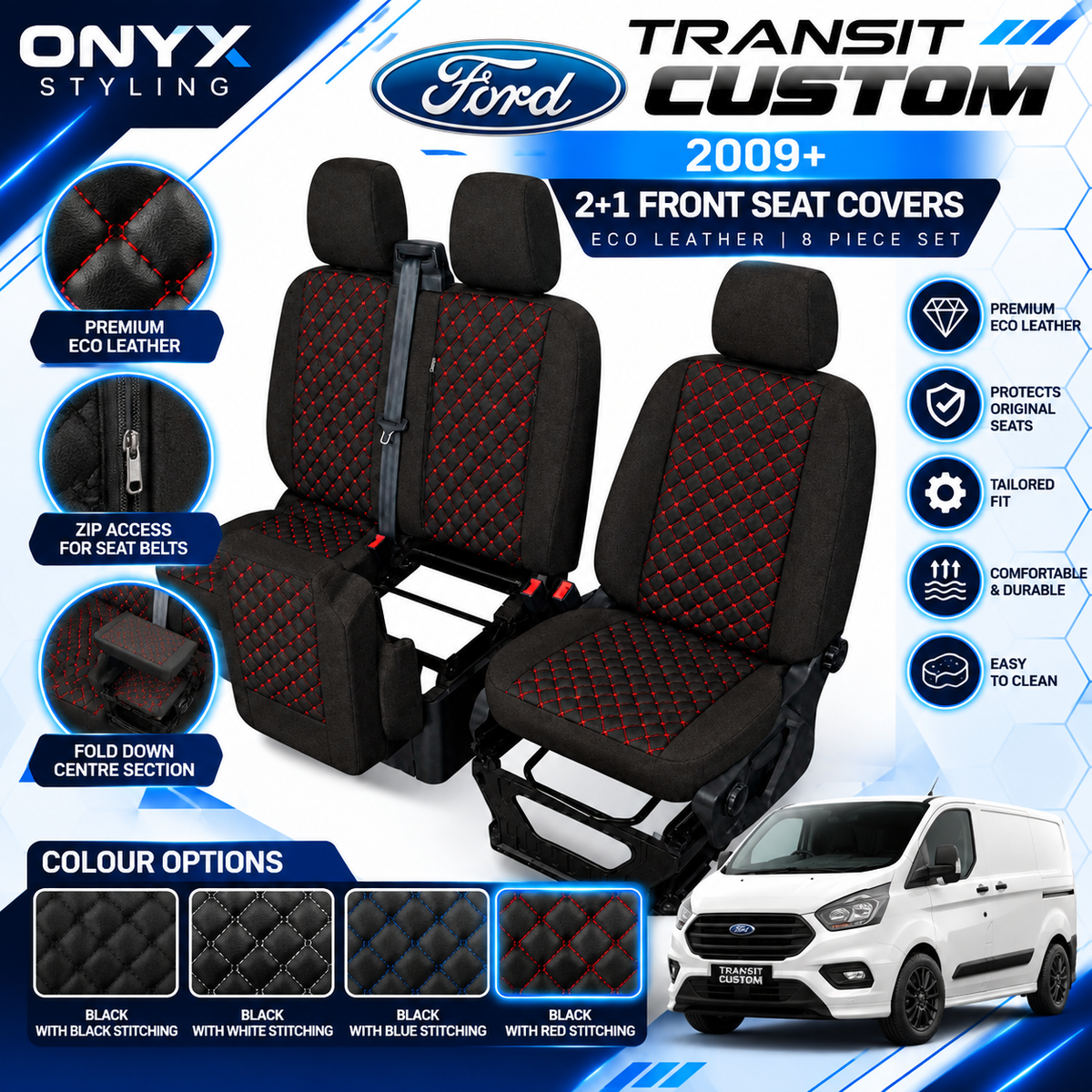 Ford Transit Custom (2012+) Luxury Quilted Eco-Leather Seat Covers – 2+1 Front Seats | 8-Piece Set