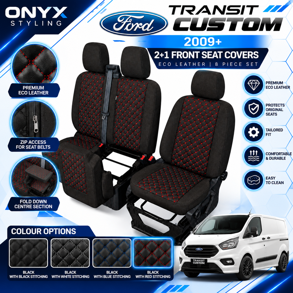 Ford Transit Custom (2012+) Luxury Quilted Eco-Leather Seat Covers – 2+1 Front Seats | 8-Piece Set