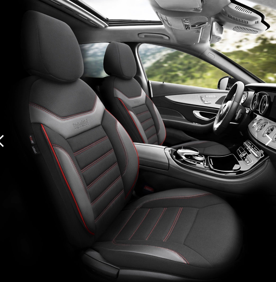 Premium Universal Seat Covers – Full Set Front & Rear – 7-Layer Comfort – Airbag Compatible black with red stitch