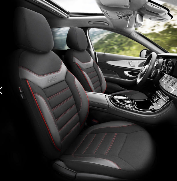 Premium Universal Seat Covers – Full Set Front & Rear – 7-Layer Comfort – Airbag Compatible black with red stitch