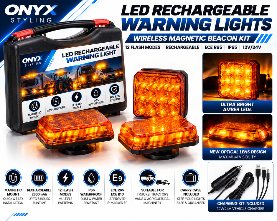 Wireless Rechargeable LED Amber Warning Lights – 12 Flash Modes | Magnetic Mount | ECE R65 Approved
