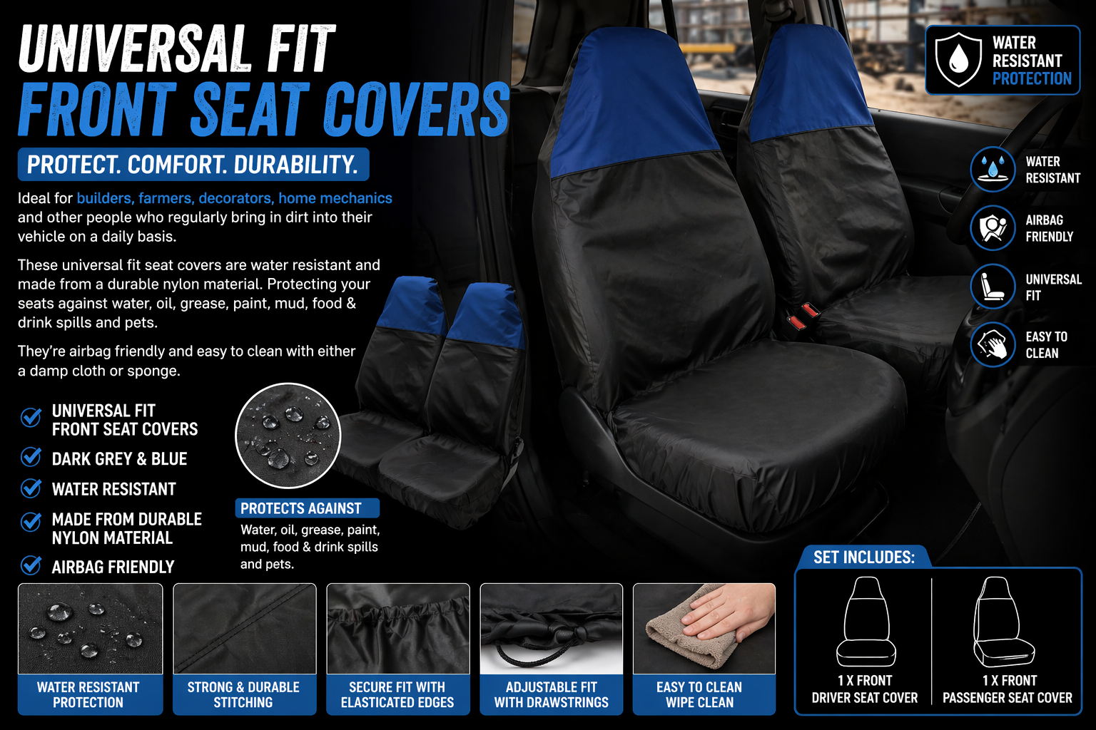 Universal Front Seat Covers – Black & Blue Water Resistant Set (2 Pack)