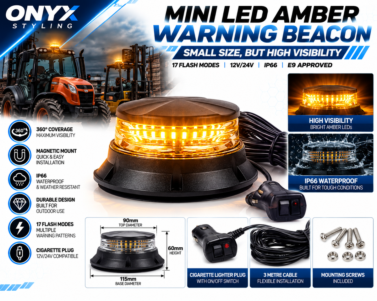 24W Mini LED Amber Warning Beacon – 17 Flash Modes | Magnetic Mount | 12V/24V | E9 Approved