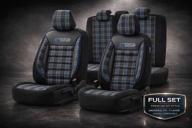 Premium GTI Style Universal Car Seat Covers Full Set – Blue Stitch, 7-Layer Comfort, Airbag Compatible