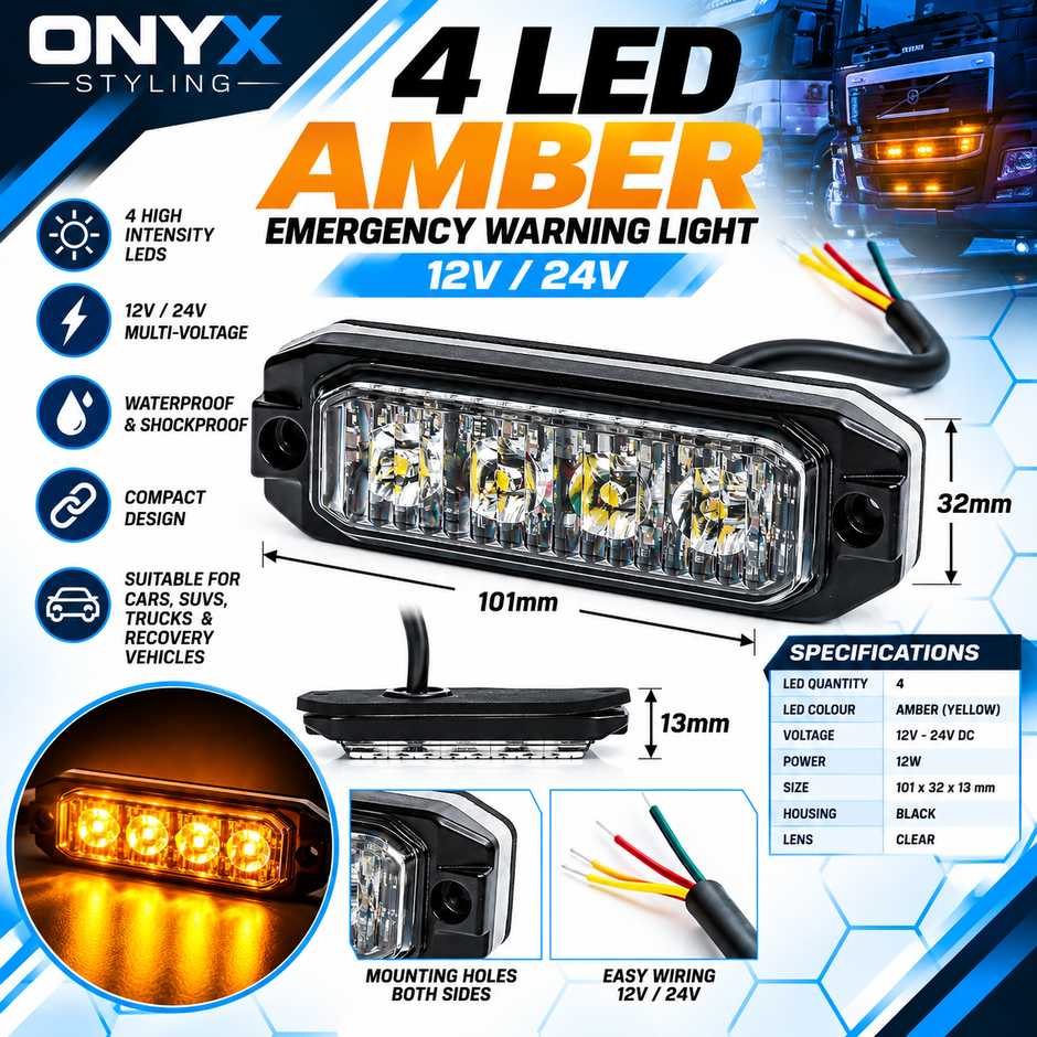 4 LED Amber Emergency Warning Strobe Light – 12W | 12V/24V