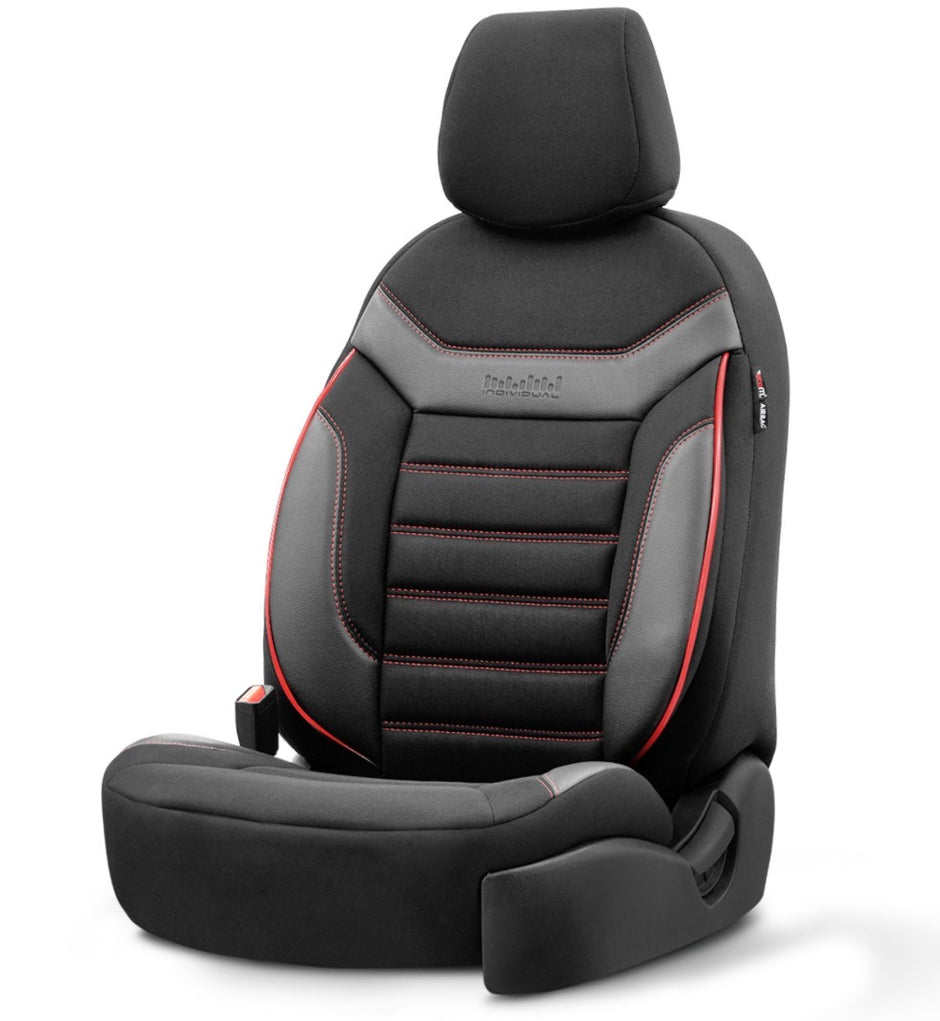 Premium Universal Seat Covers – Full Set Front & Rear – 7-Layer Comfort – Airbag Compatible black with red stitch