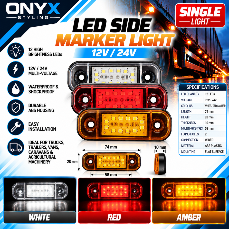 12 LED Compact Side Marker Position Light – 12V/24V | White, Red & Amber