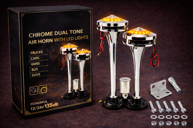 Premium Dual LED Air Horn 12V/24V Chrome Train Style – Ultra Loud 300dB
