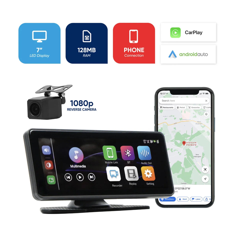 7” FreePlay Car Display Unit – Apple CarPlay, Android Auto, AirPlay, SatNav & Rear Camera & Support