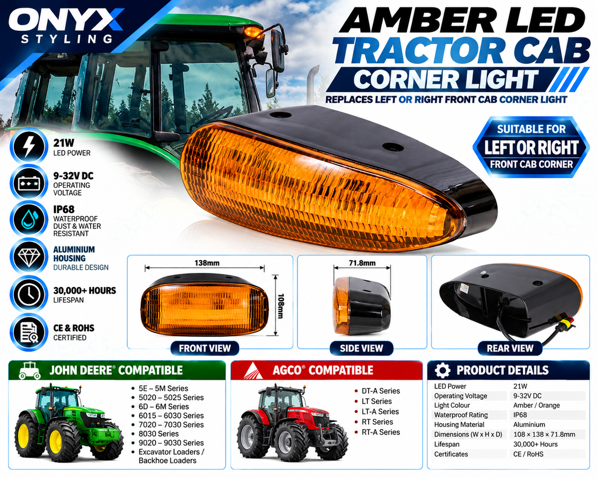 21W Amber LED Tractor Cab Corner Light – John Deere & AGCO Compatible | 9–32V