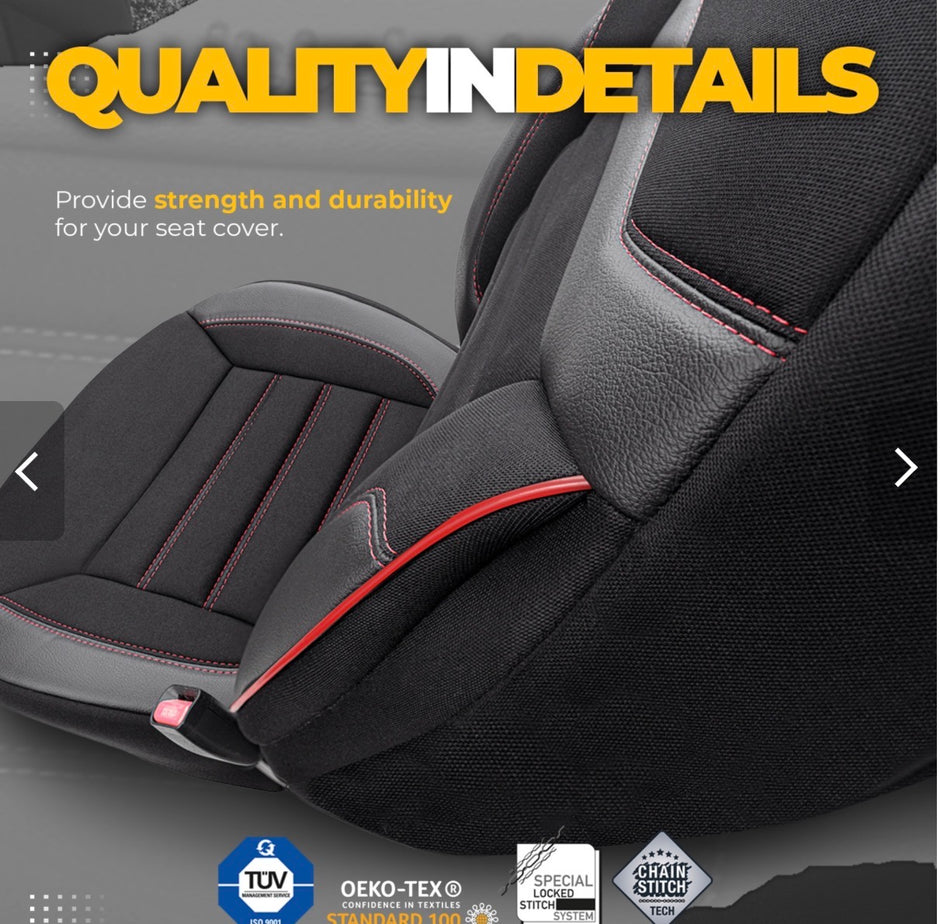Premium Universal Seat Covers – Full Set Front & Rear – 7-Layer Comfort – Airbag Compatible black with red stitch