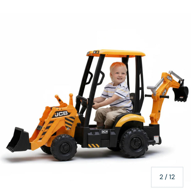 JCB 12 V Licensed Electric Ride-On Tractor with Loader & Backhoe – Yellow Construction Edition (by Onyx Kids)