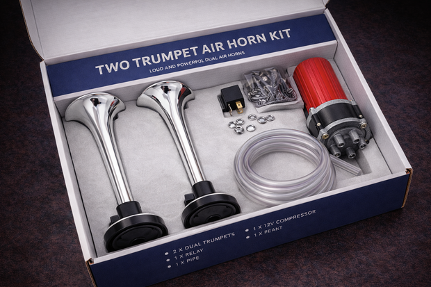 Twin Chrome Air Horn Kit 135dB 12V With Compressor & Fitting Kit