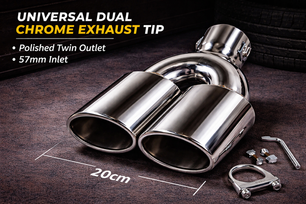 Universal Dual Chrome Exhaust Tailpipe Tip – Polished Twin Outlet 57mm Inlet